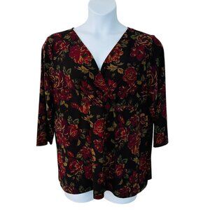 Chaps Women's Size 3X Floral Empire Bodice 3/4 Sleeve Brown Red Green Top